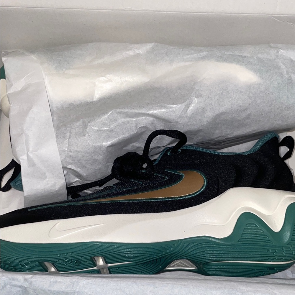 Nike Black and Teal Sneakers with Gold Swoosh